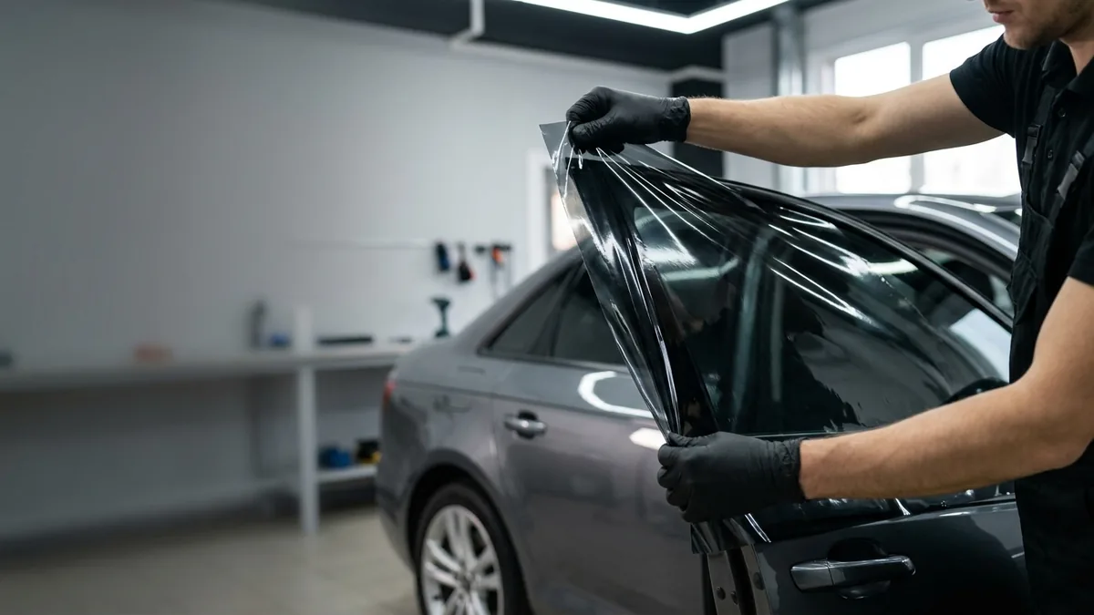 Instalador aplicando película automotiva profissional em vidro de veículo — HM Films